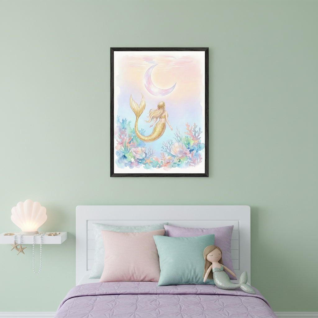 Kid's bedroom with a light green wall. A framed watercolor art of a golden-tailed mermaid, crescent moon, and coral hangs above a white bed with a purple quilt, pink, light blue, and lavender pillows. A mermaid doll lies on the bed. A seashell lamp is on a white shelf.