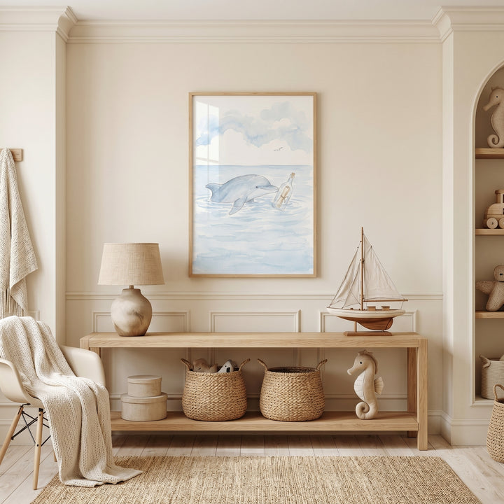 Message in bottle dolphin wall art in a neutral nursery above a wood console table with a toy sailboat and baskets.