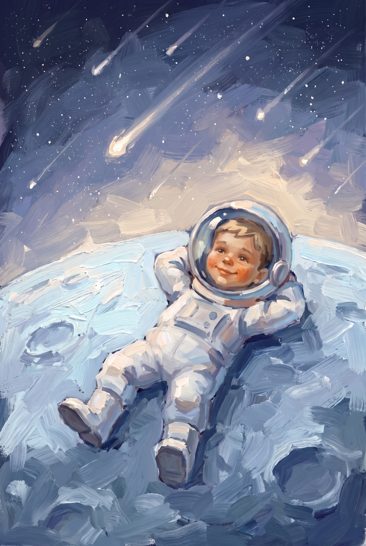 Meteor shower baby astronaut wall art depicts a child in a spacesuit lounging on a blue moon under shooting stars.
