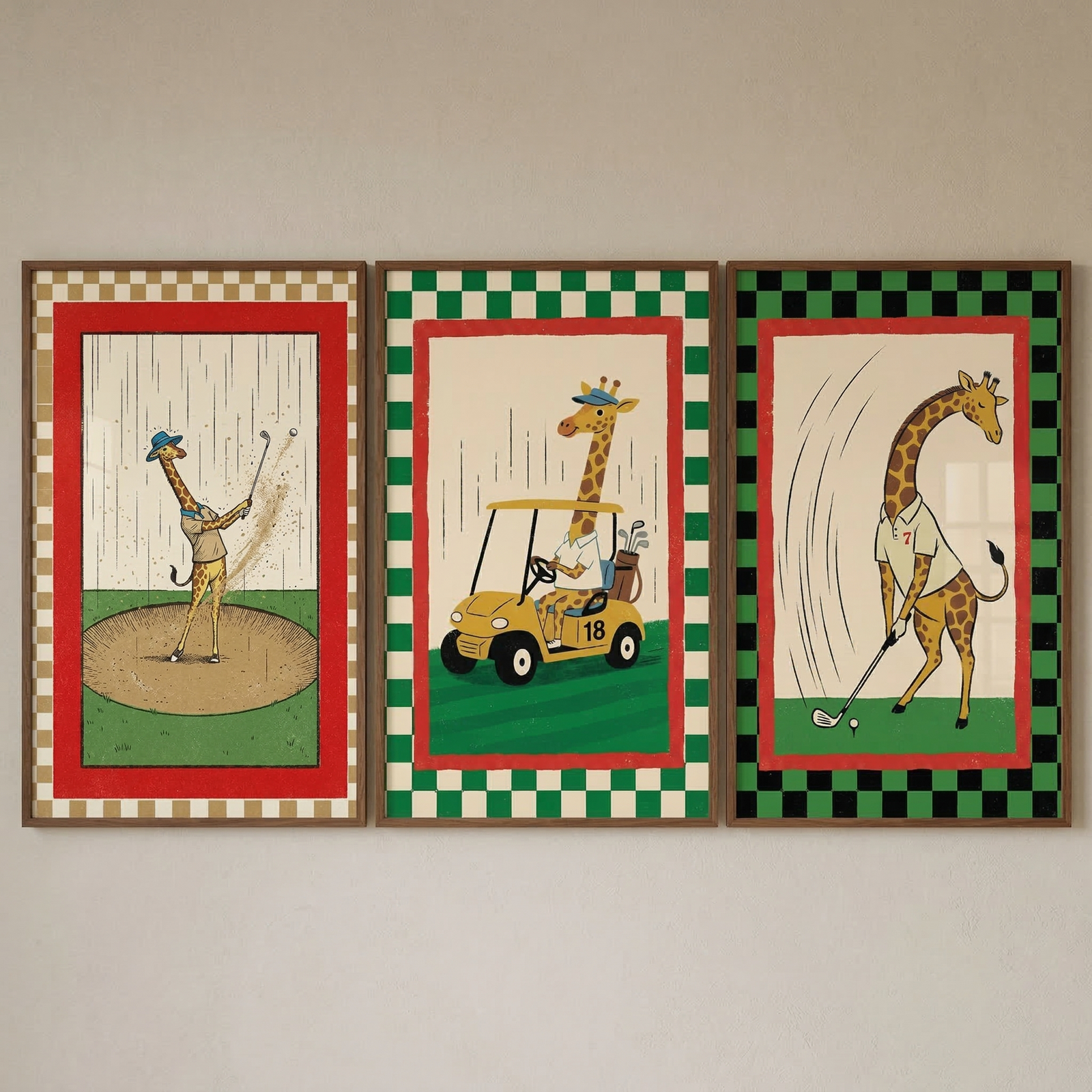 Three framed vertical illustrations on a light wall feature giraffes playing golf. Each has a red inner border and a different checkered outer border. Left: a tan and white border shows a giraffe in a blue hat hitting a ball from a sand bunker in the rain. Middle: a green and white border depicts a giraffe in a blue cap driving a yellow golf cart through rain. Right: a green and black border shows a giraffe in a white shirt putting a ball on a clear day.