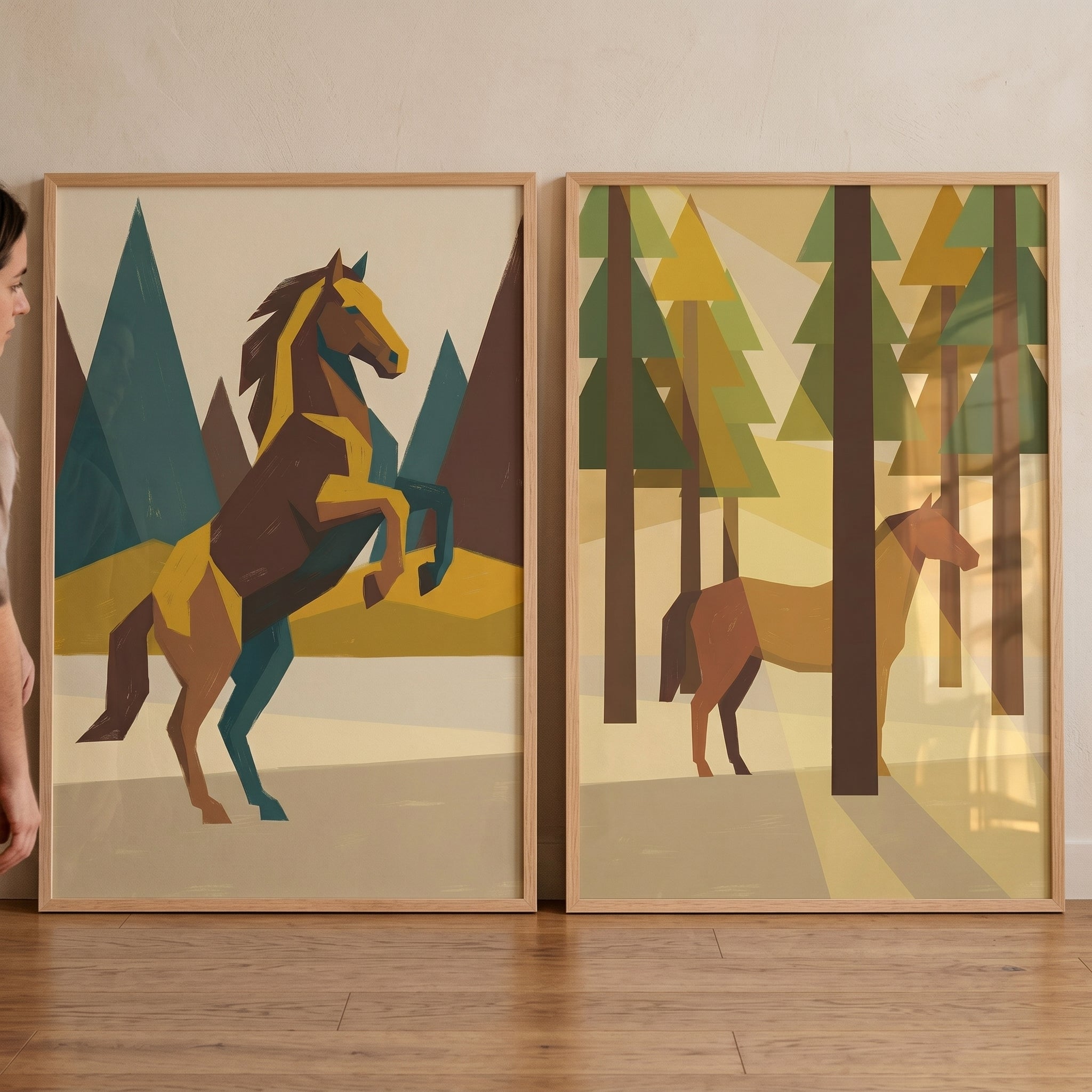 Mid Century Faceted Horse Wall Art Set of 2 - Angular Nature Scenes