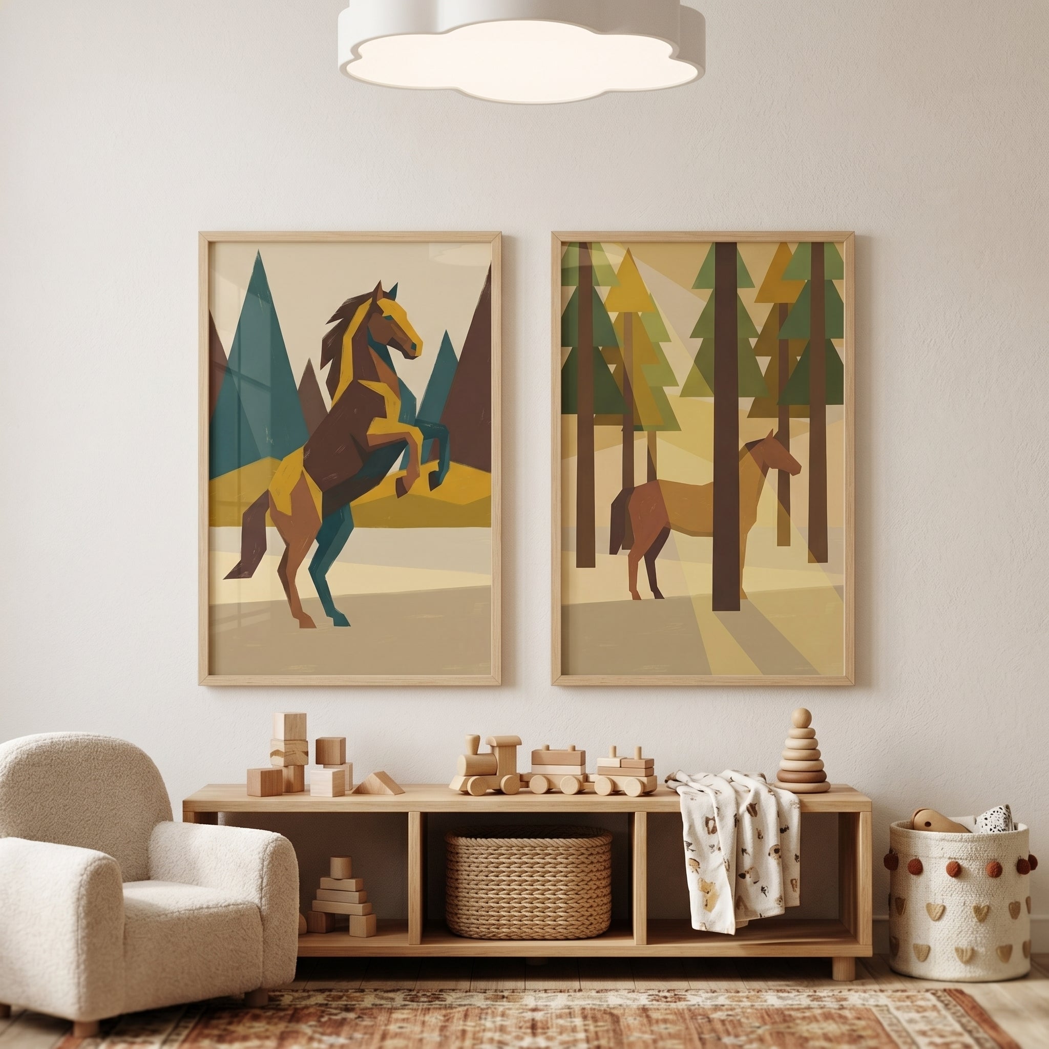 Mid Century Faceted Horse Wall Art Set of 2 - Angular Nature Scenes