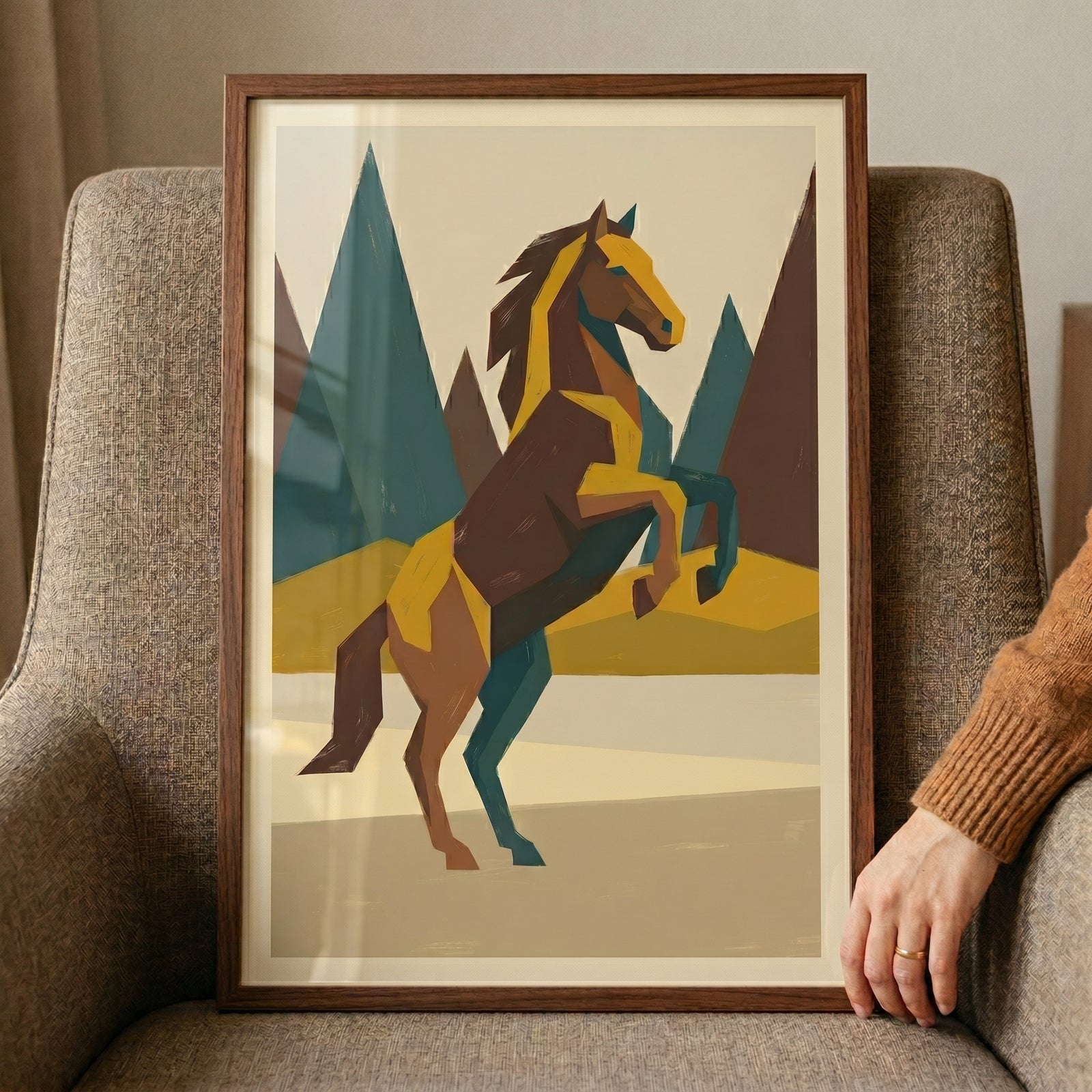 Framed mid century geometric horse wall art with a brown rearing horse against teal mountains and mustard yellow hills.