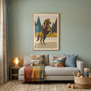 Mid century geometric horse wall art hangs on a green wall above a gray sofa with patterned pillows and a striped blanket.