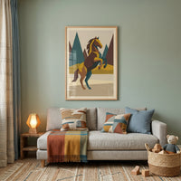 Mid century geometric horse wall art hangs on a green wall above a gray sofa with patterned pillows and a striped blanket.