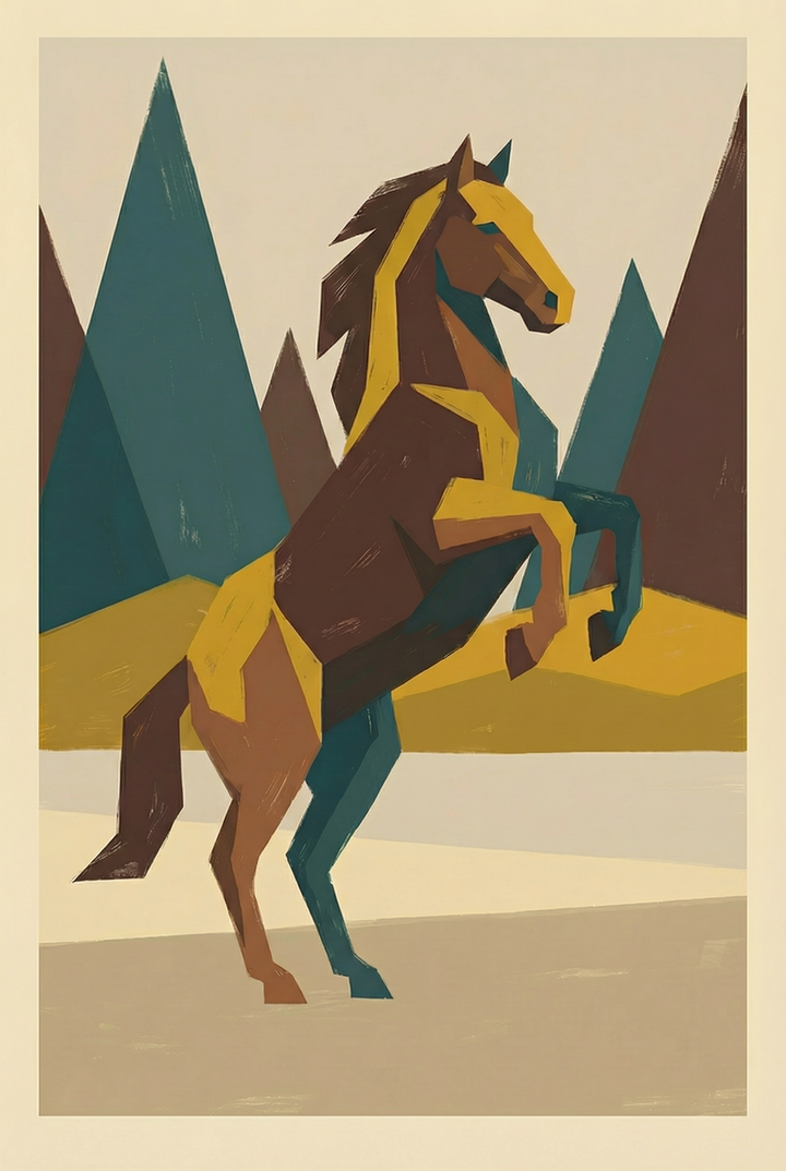 Mid century geometric horse wall art features a brown rearing horse against angular teal and brown mountains.