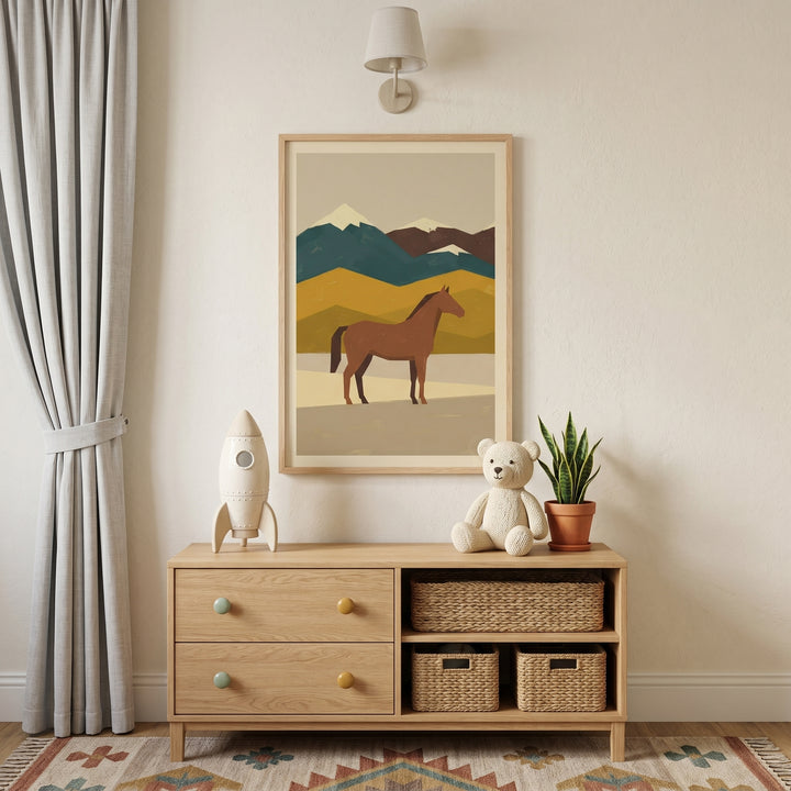 Mid century mountain horse wall art above a wooden dresser with a toy rocket, bear, and plant in a neutral room.