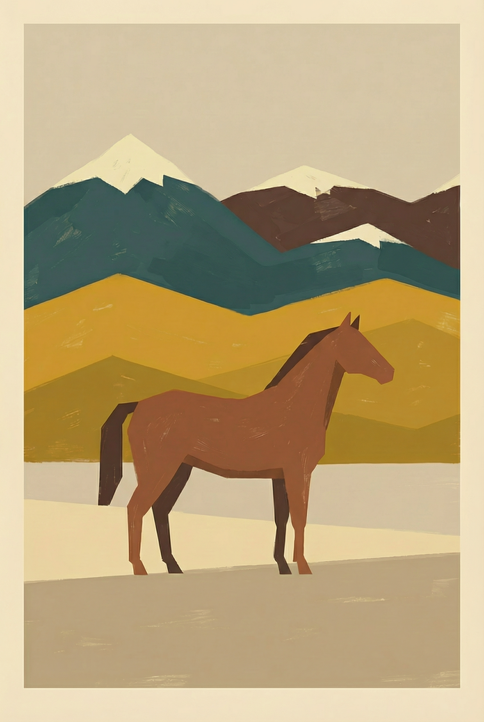 Mid Century Mountain Horse Wall Art - Geometric Mountain Horse