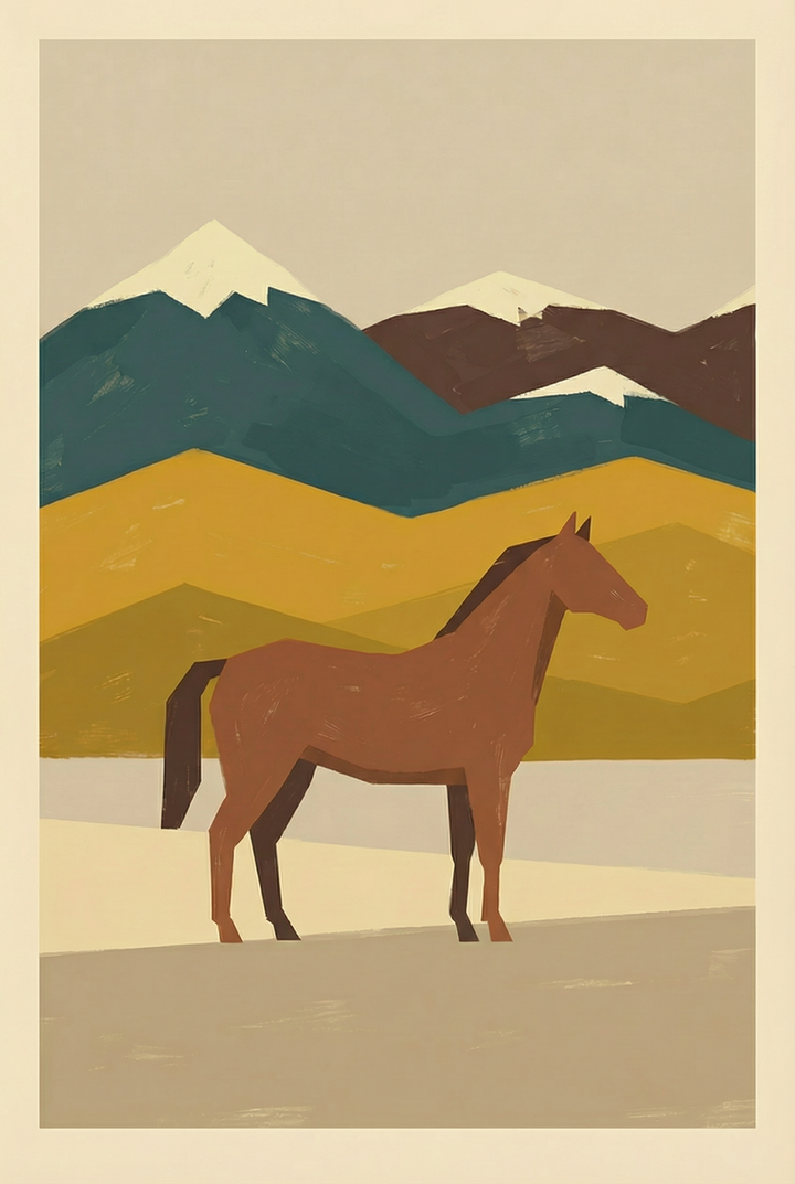 Mid century mountain horse wall art featuring a brown horse against stylized geometric peaks in earthy colors.