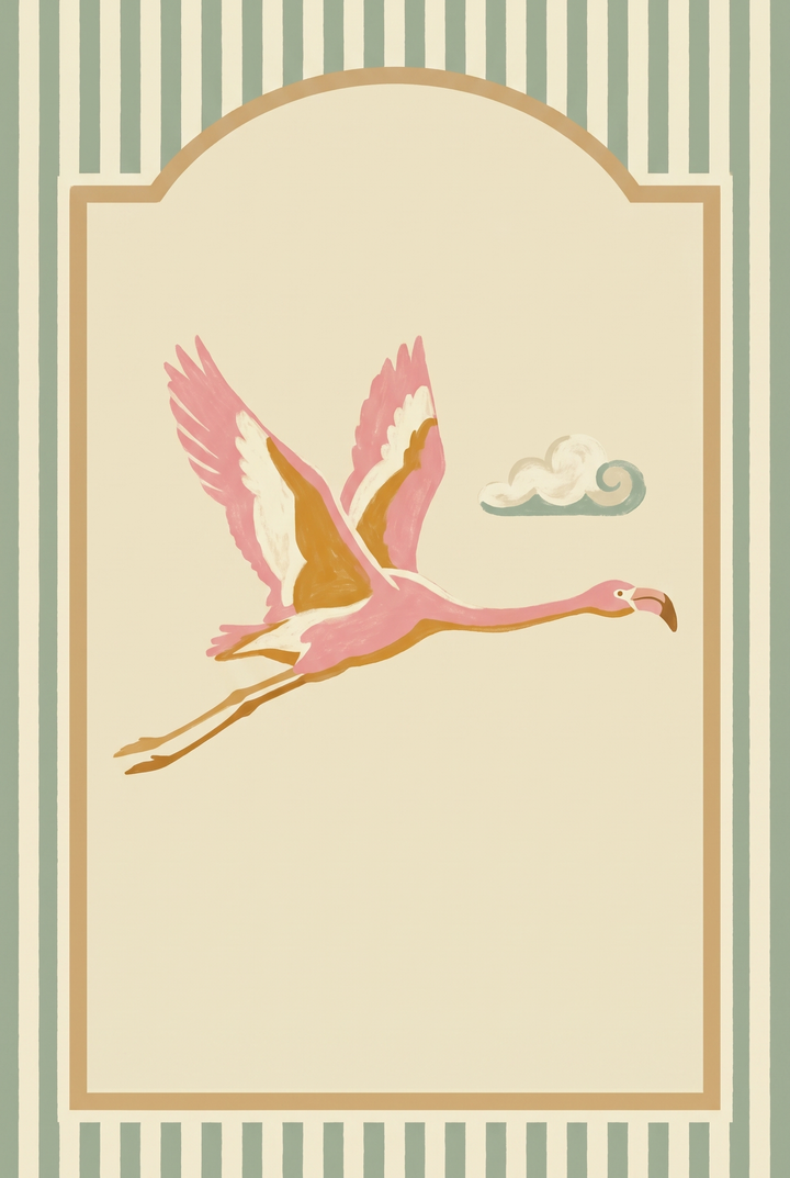 Mid century pink flamingo wall art featuring a flying pink bird and cloud within a striped sage green and cream border.