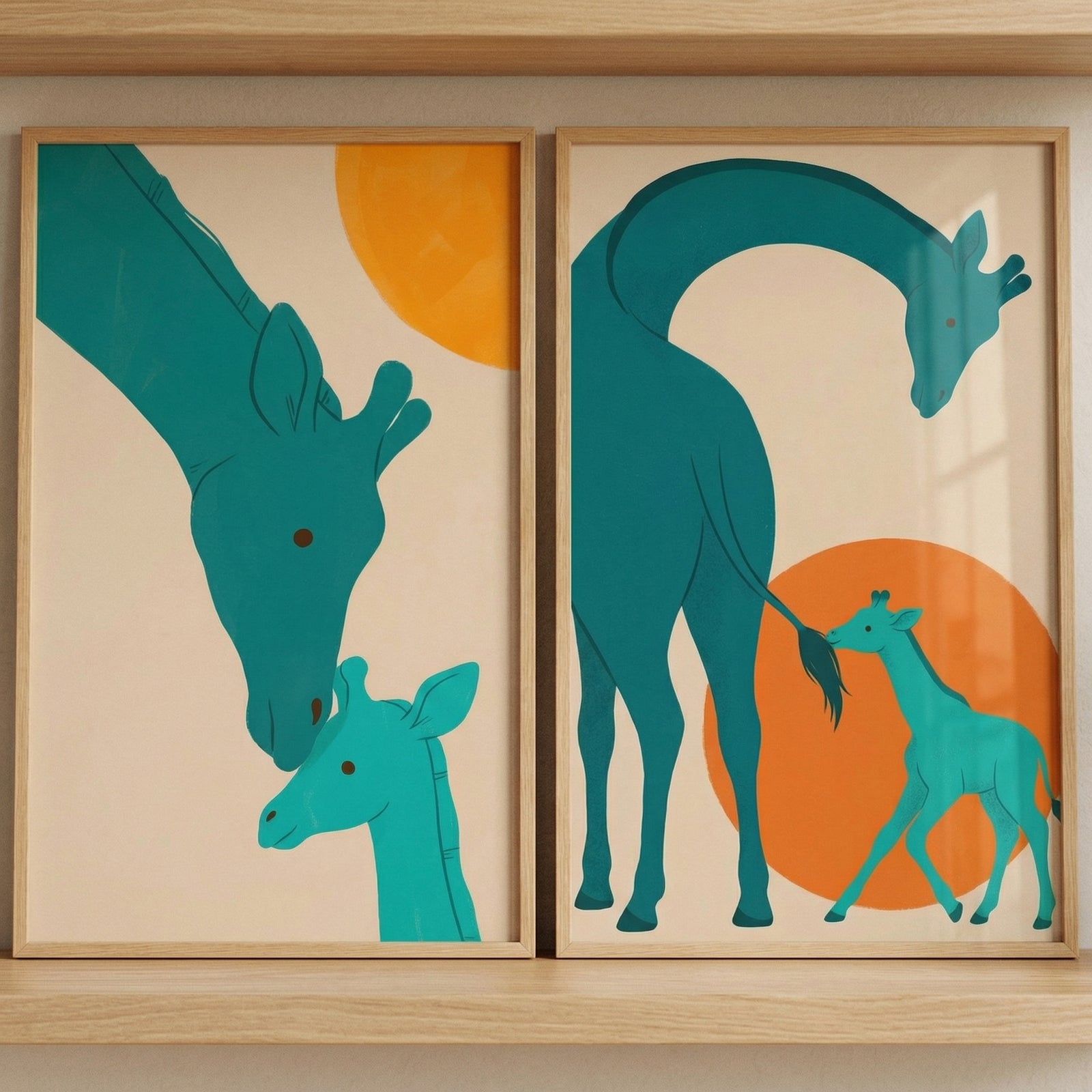 Two framed minimalist illustrations are displayed side-by-side on a light wood shelf. The artwork features stylized, teal-colored giraffes against an off-white background with bold orange circles.
