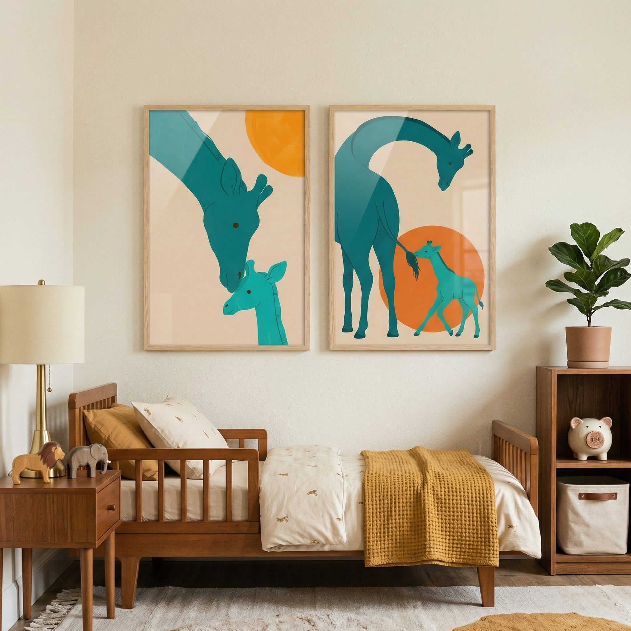 Mid Century Teal Giraffe Print Set of 2 - Teal Giraffe Bond