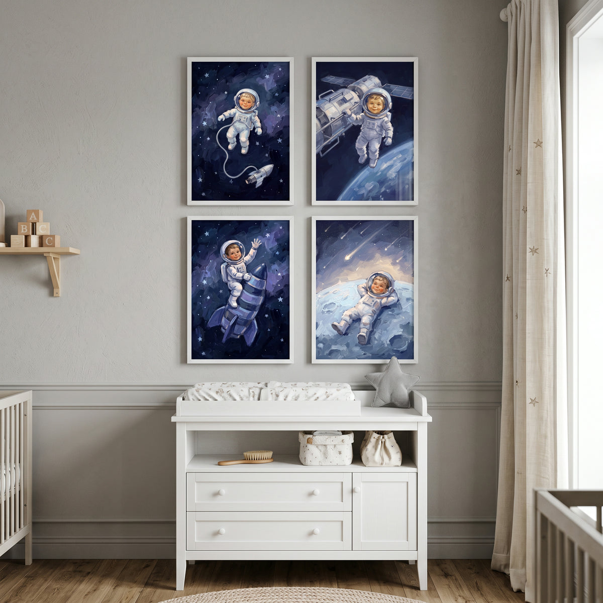 Midnight Blue Baby Astronaut Wall Art Set of 4 - Celestial Baby Dreams