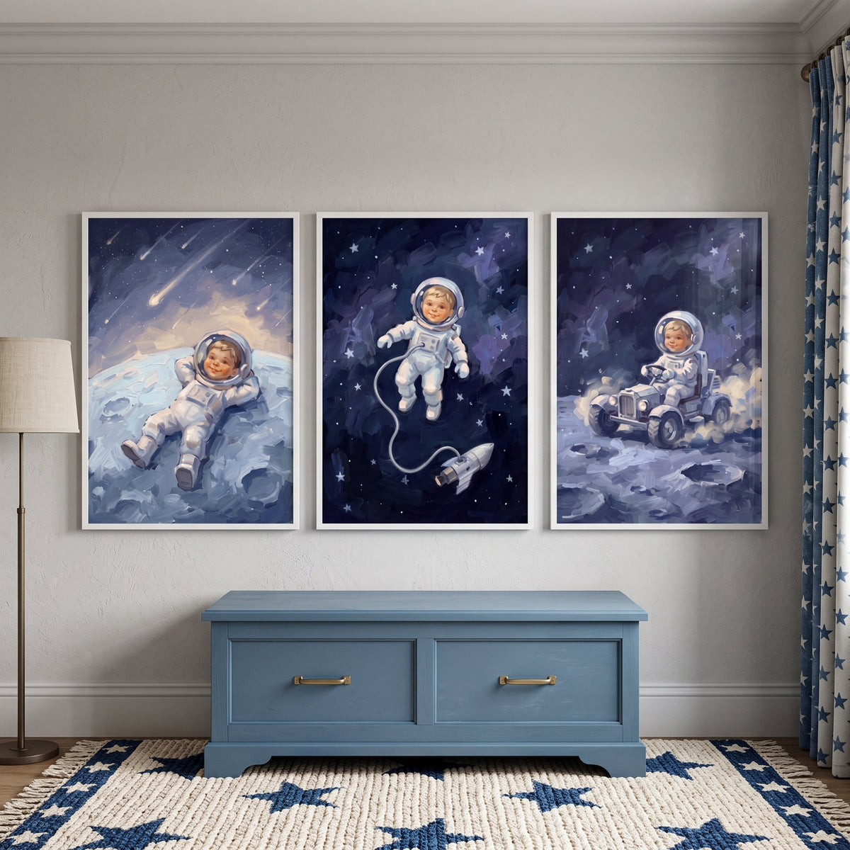 Midnight Cosmic Baby Astronaut Wall Art Set of 3 - Tiny Star Traveler