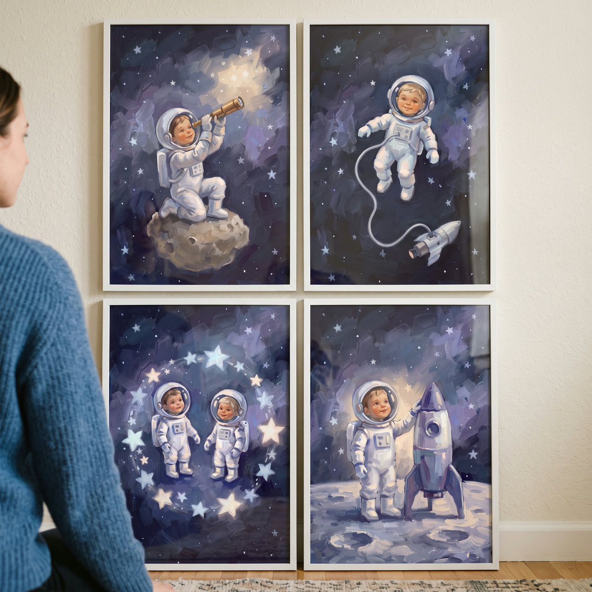 Midnight galaxy baby astronaut wall art set of 4 featuring a child explorer with stars, rockets, and lunar surfaces.