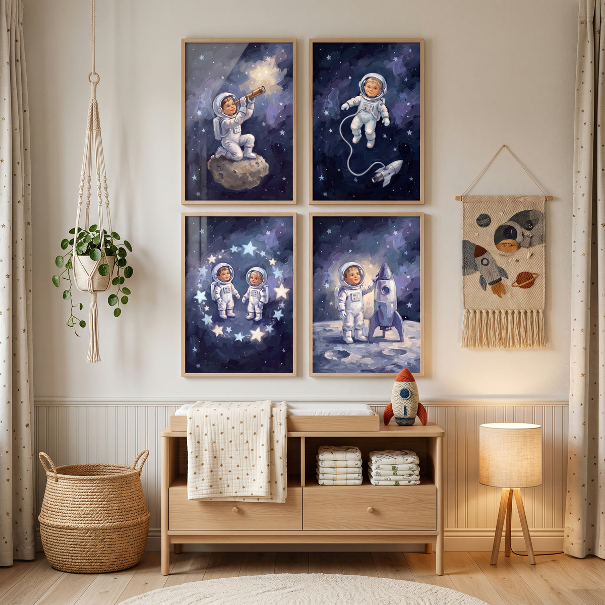 Midnight Galaxy Baby Astronaut Wall Art Set of 4 - Little Moon Voyager