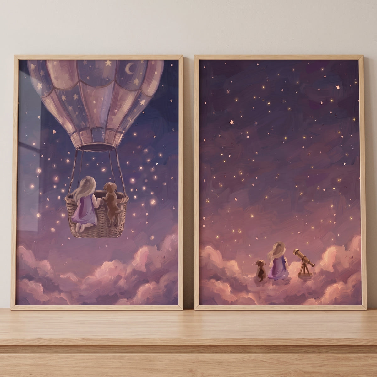 Midnight lavender girl dog wall art set of 2 shows a girl and dog in a hot air balloon and stargazing on purple clouds.