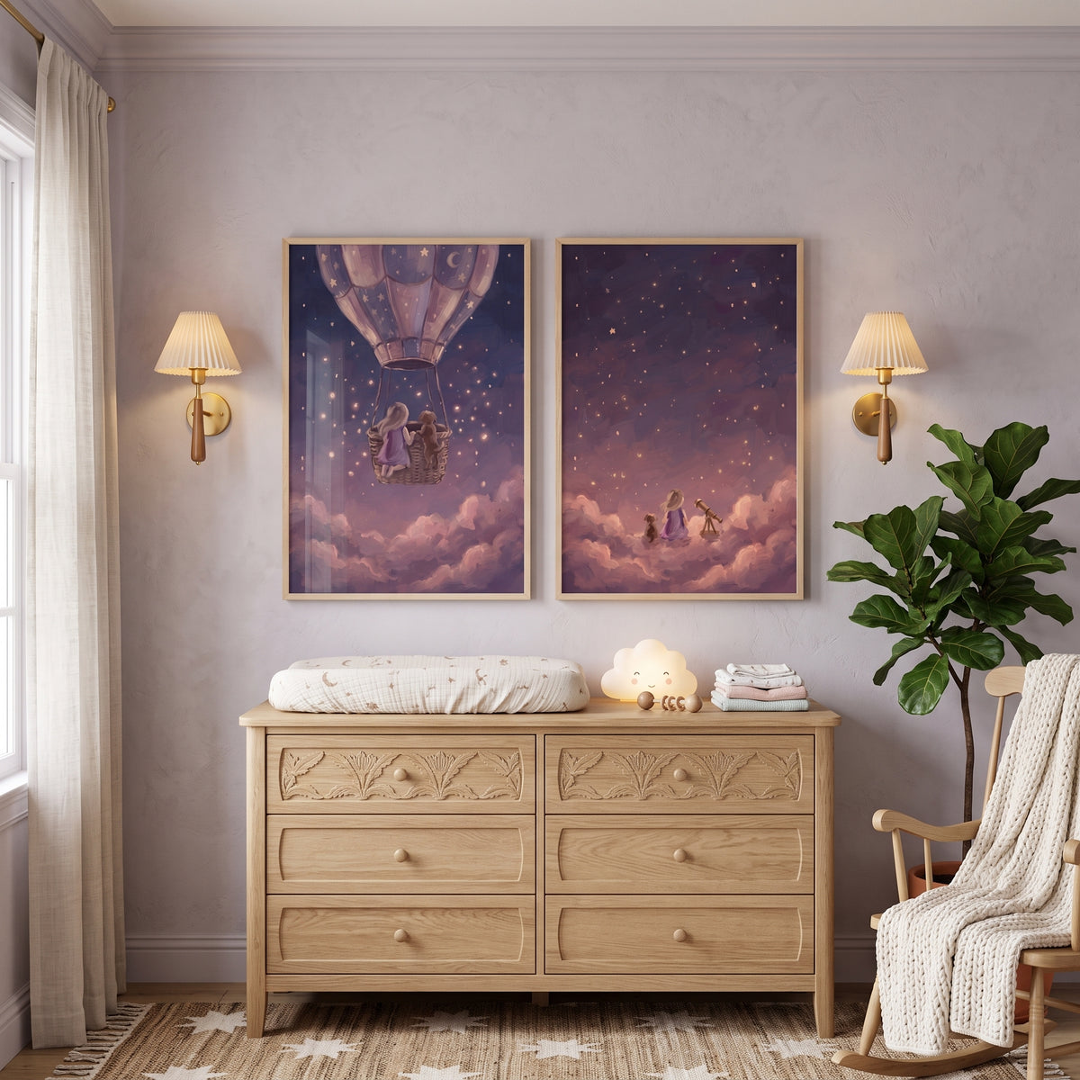 Midnight Lavender Girl Dog Wall Art Set of 2 - Starlit Cloud Voyage