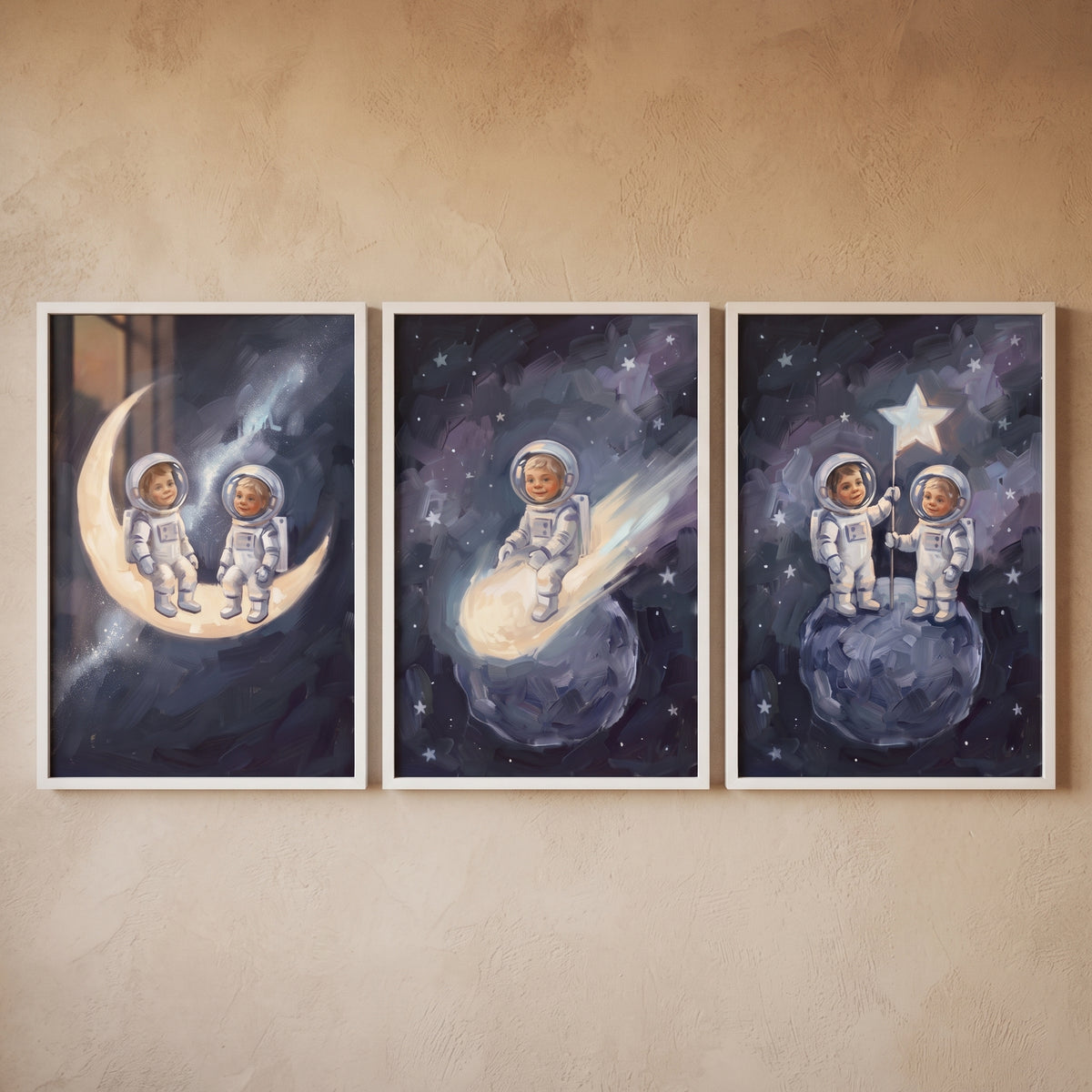 Midnight Navy Baby Astronaut Wall Art Set of 3 - Starry Space Dreams