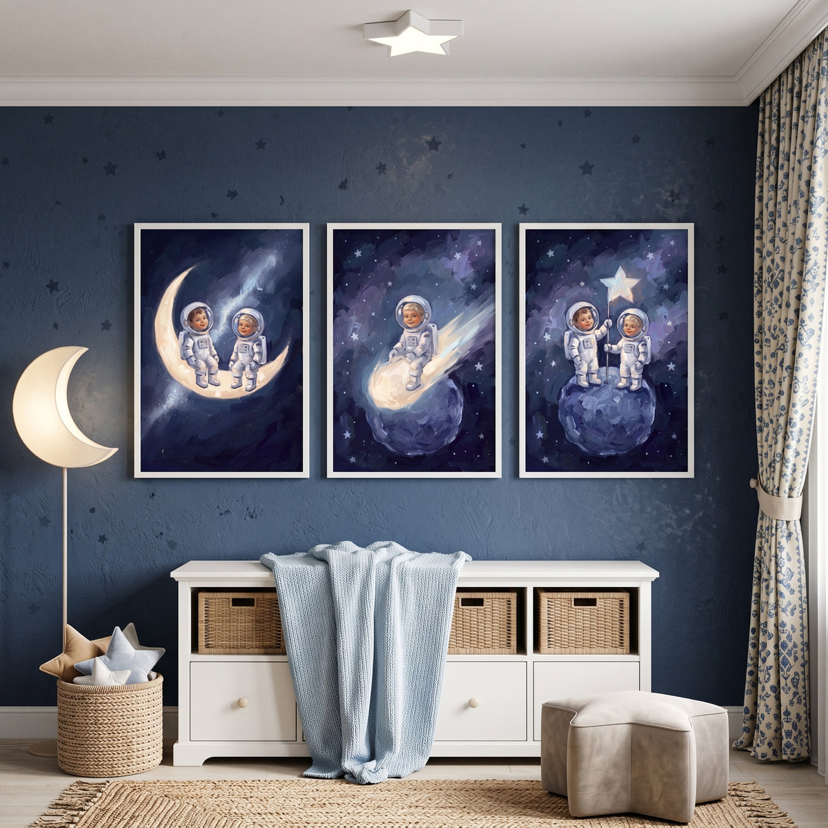 Midnight Navy Baby Astronaut Wall Art Set of 3 - Starry Space Dreams