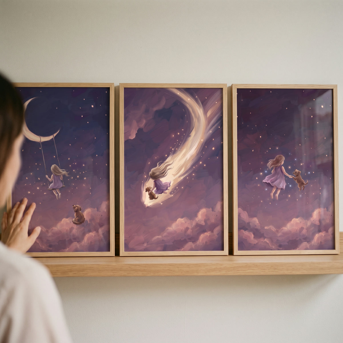 Midnight purple girl dog wall art set of 3 shows a child and pet among clouds, a moon swing, and a shooting star.