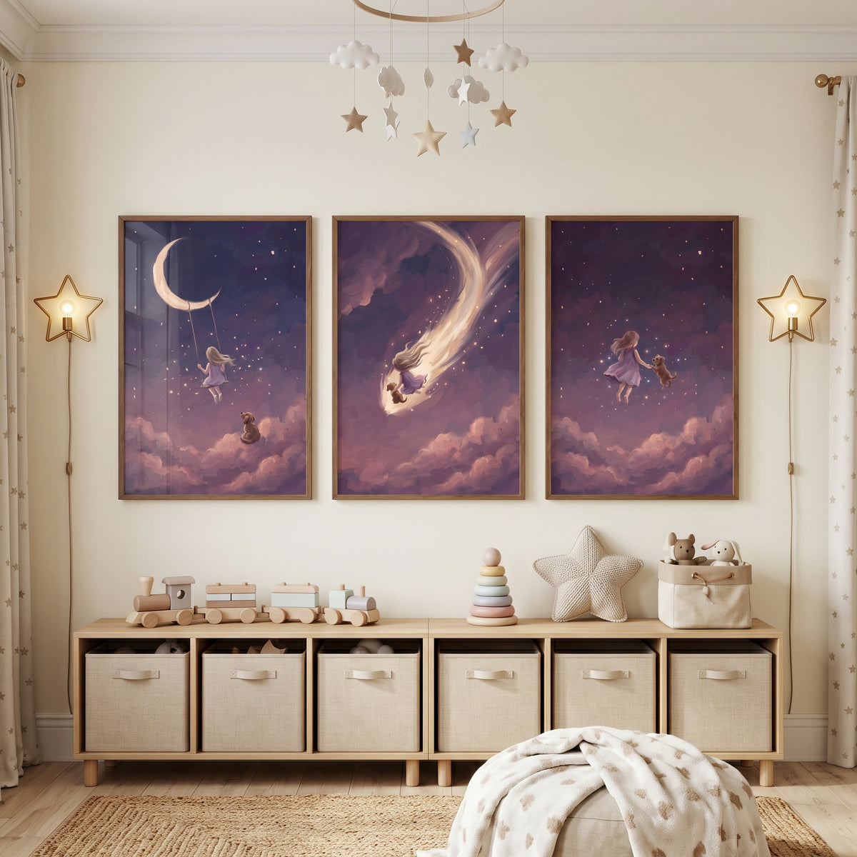Midnight Purple Girl Dog Wall Art Set of 3 - Celestial Friendship Journey