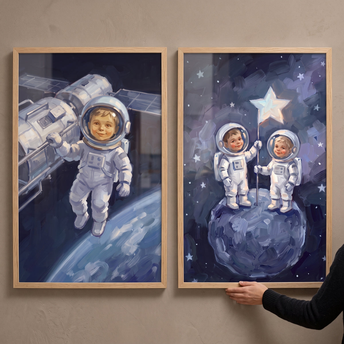 Midnight sky baby astronaut wall art set of 2 shows cute explorers near a space station and on a moon with a star flag.