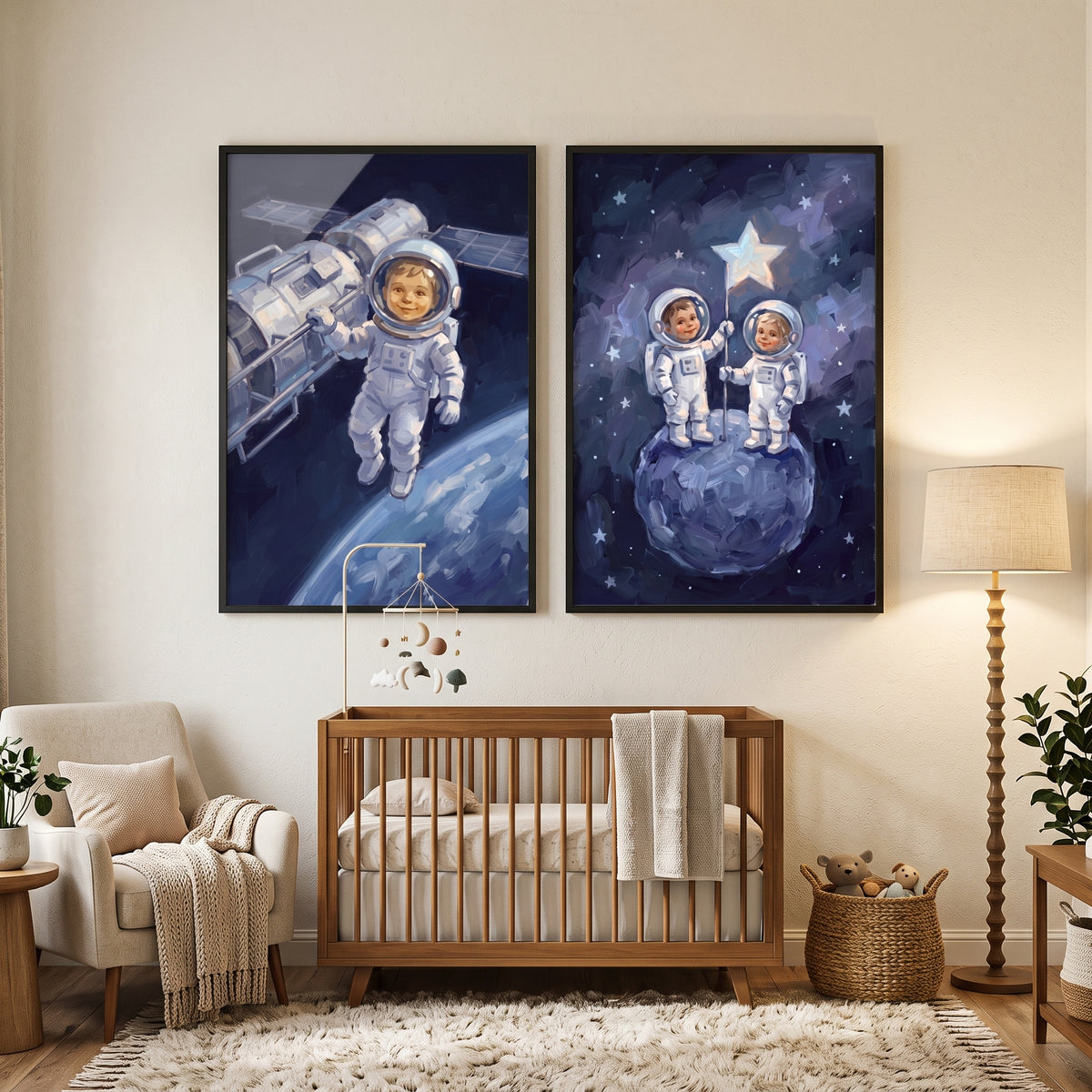 Midnight Sky Baby Astronaut Wall Art Set of 2 - Little Astronaut Dreams