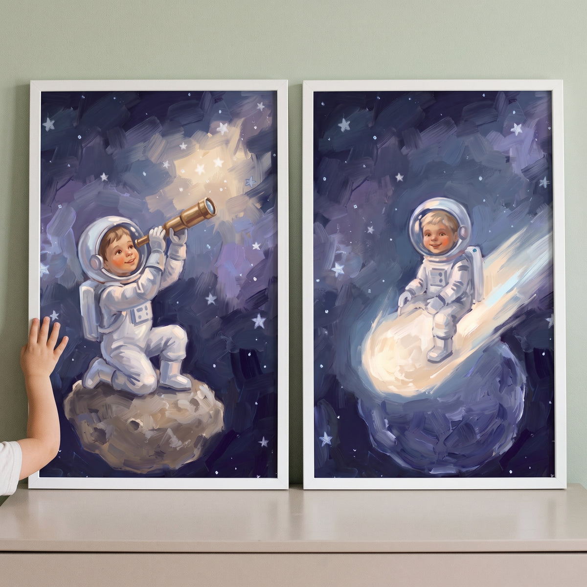 Midnight space baby astronaut wall art set of 2 shows children in suits on an asteroid and riding a glowing comet.
