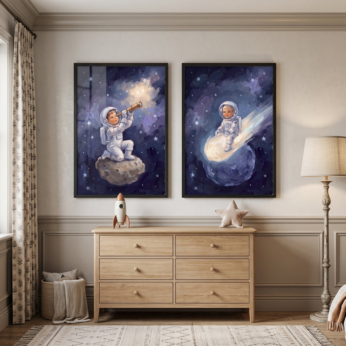 Midnight Space Baby Astronaut Wall Art Set of 2 - Stellar Child Dreams