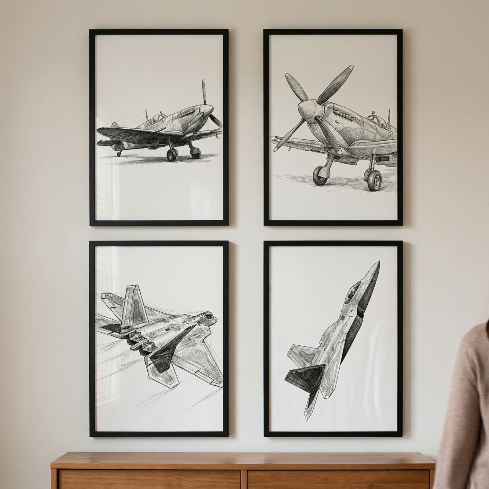 A two-by-two grid of black-framed monochrome sketches of aircraft hangs on a neutral-toned wall above a wooden console table. The top two drawings depict vintage propeller-driven combat planes from different perspectives. The bottom two drawings show sleek modern jet fighters in dynamic flight poses. The sketches are rendered in a detailed, hand-drawn style with fine lines and shading on white backgrounds.