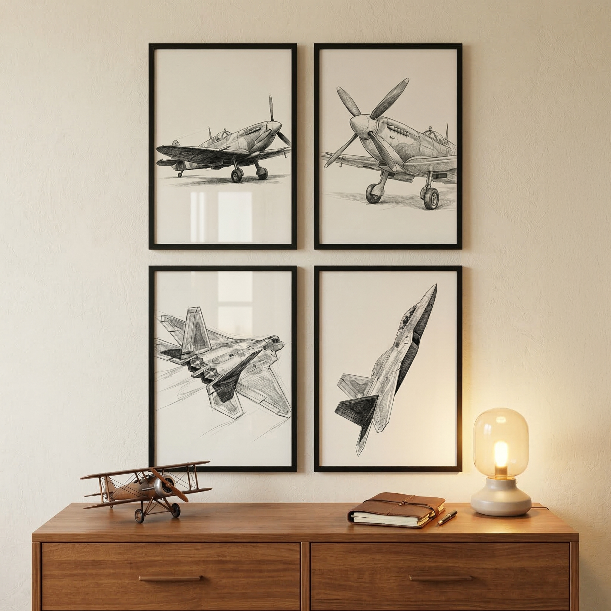 Military Aircraft Wall Art Set of 4 - Aviation Evolution Sketches
