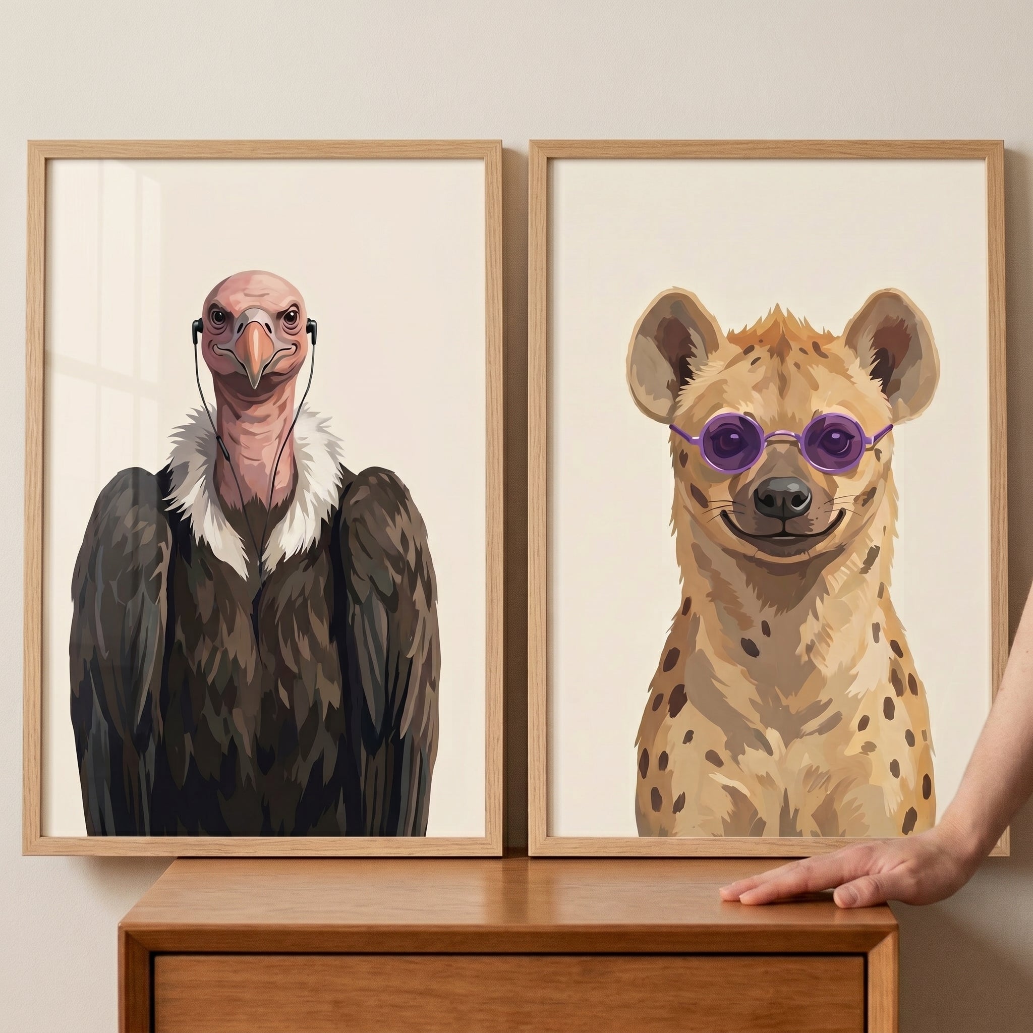 Minimalist Accessorized Savanna Animals Artwork Set of 2 - Stylish Scavenger Duo