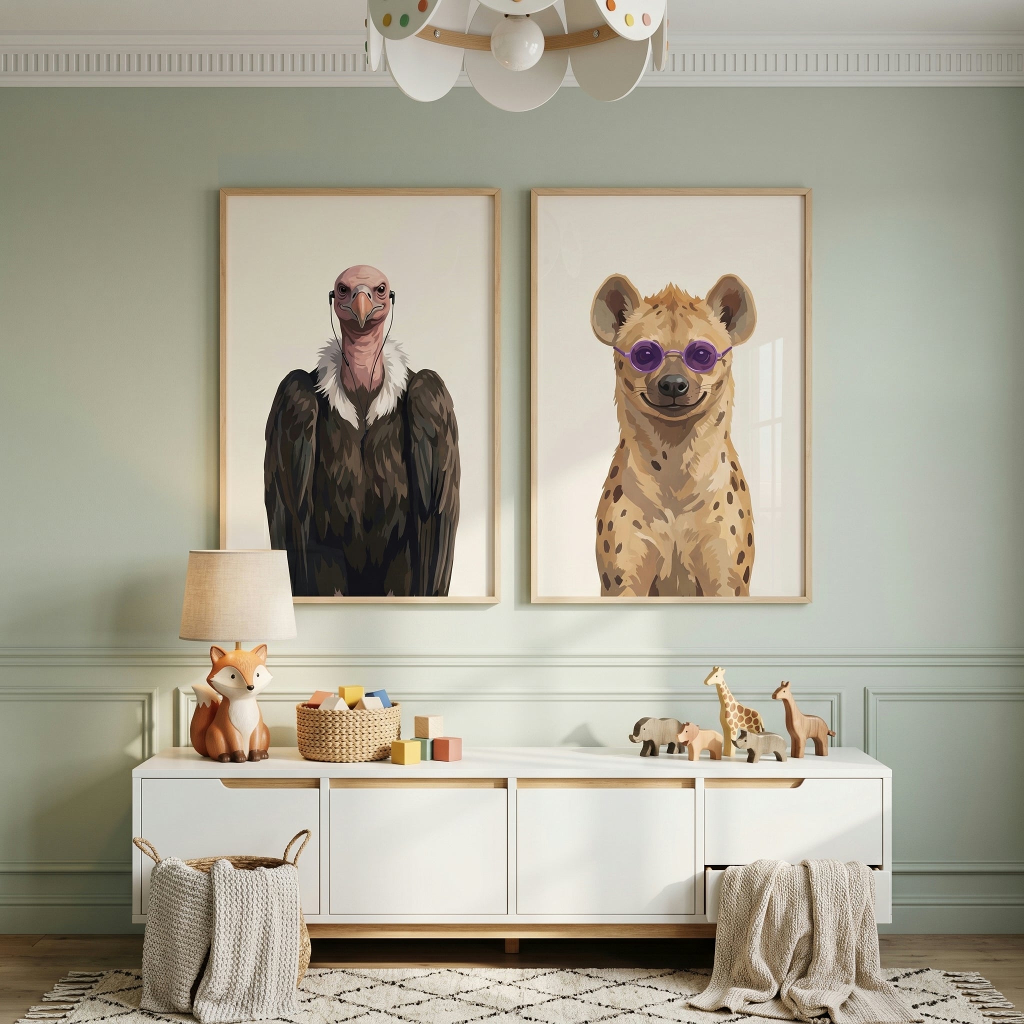 Minimalist Accessorized Savanna Animals Artwork Set of 2 - Stylish Scavenger Duo