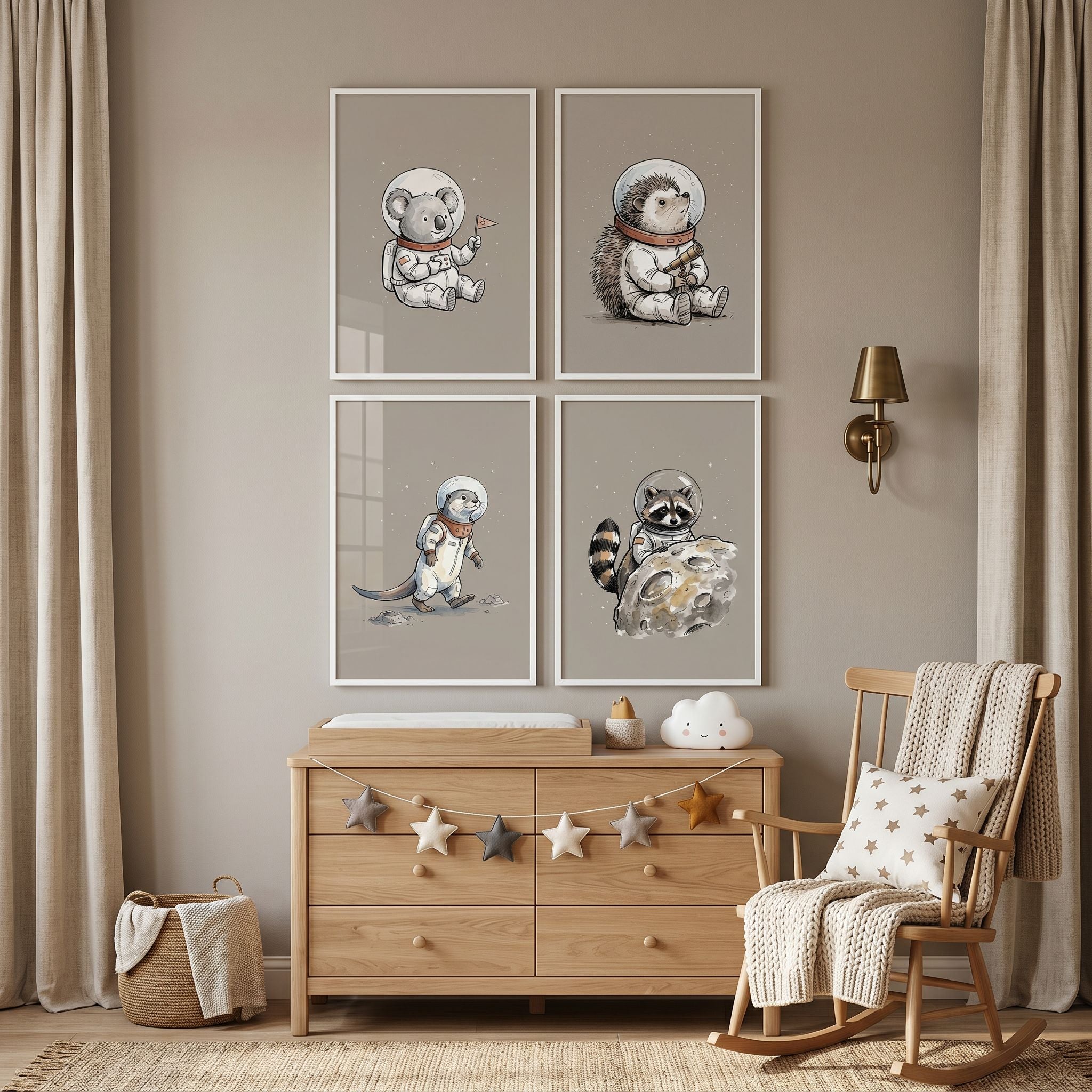 Minimalist Astronaut Animal Wall Art Set of 4 - Space Animal Friends