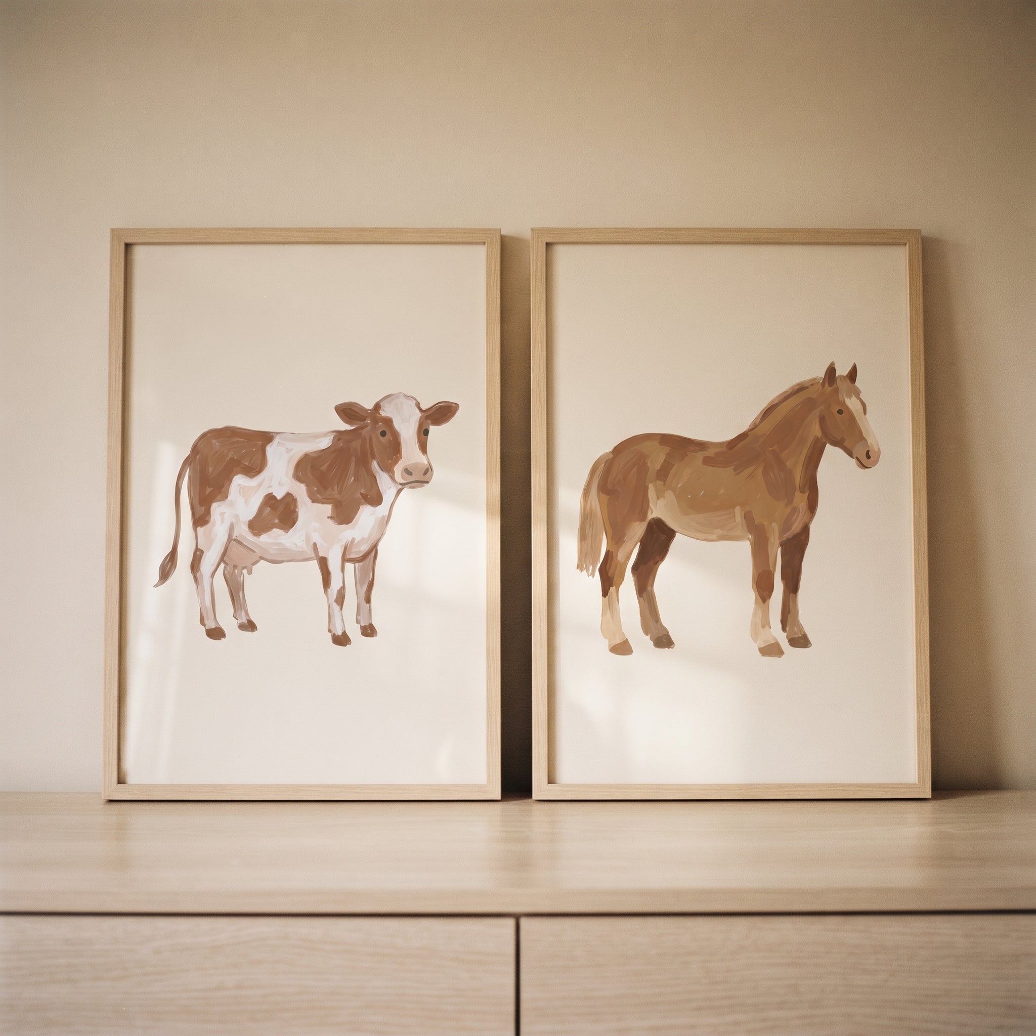 Minimalist Beige Farm Animals Wall Art Set of 2 - Rustic Farm Duo