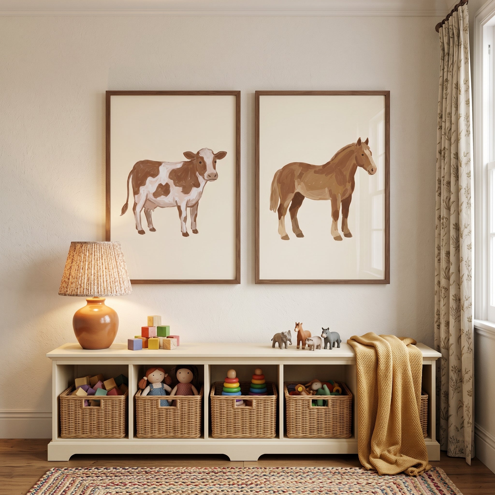 Minimalist Beige Farm Animals Wall Art Set of 2 - Rustic Farm Duo