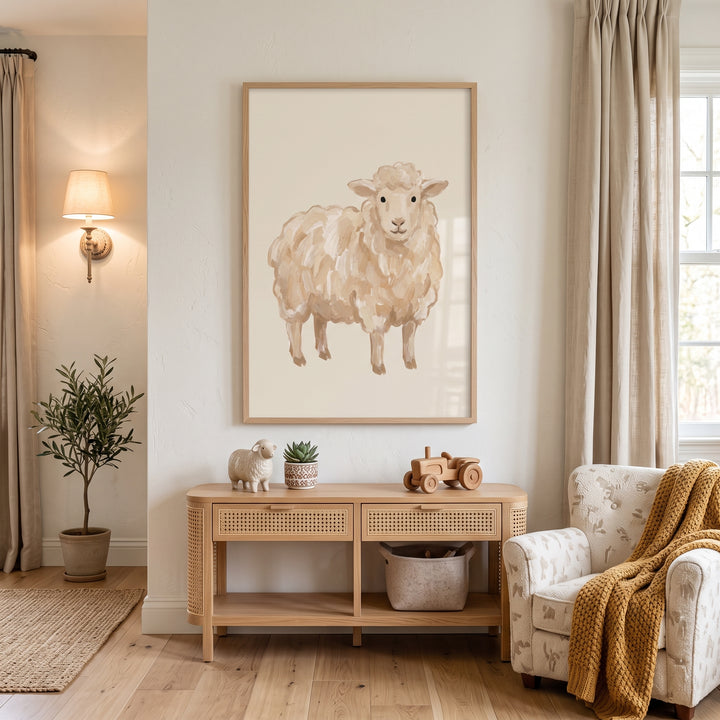Minimalist beige farm sheep artwork hangs above a wooden console table in a neutral room with a chair and yellow throw.