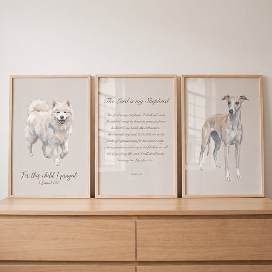 Minimalist beige religious dog wall art set of 3 featuring scriptures and dog illustrations on a wooden dresser.