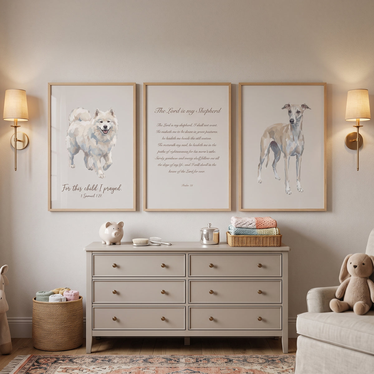 Minimalist Beige Religious Dog Wall Art Set of 3 - Faithful Dog Verses