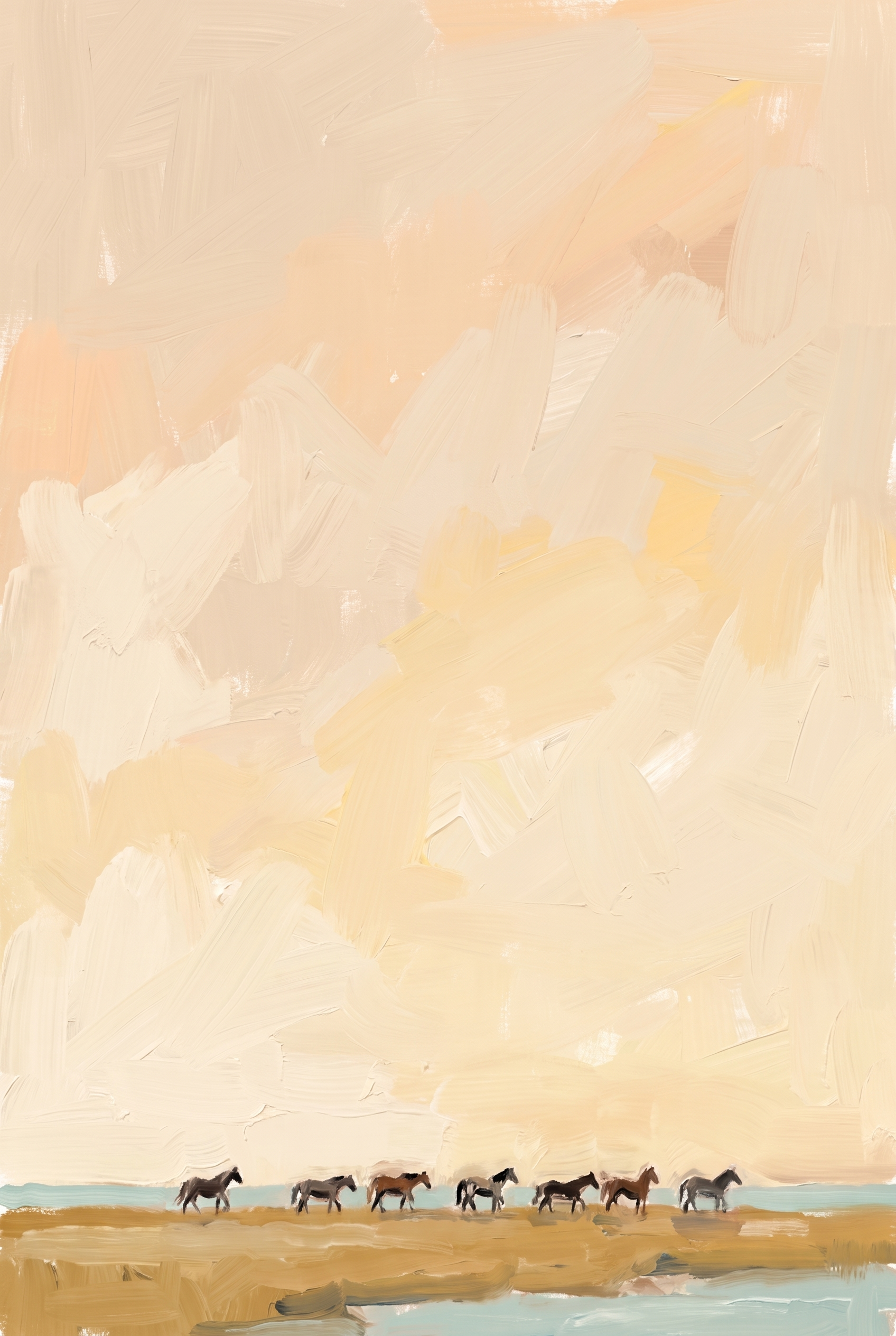 Minimalist Beige Roaming Horses Wall Art - Golden Horizon Herd