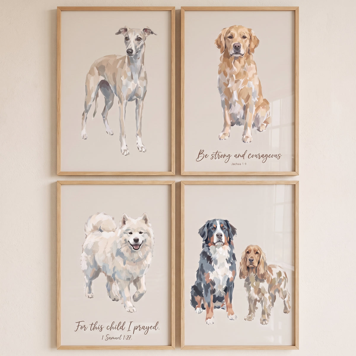 Minimalist beige watercolor dog wall art set of 4 featuring five dog breeds and bible verses in light wood frames.