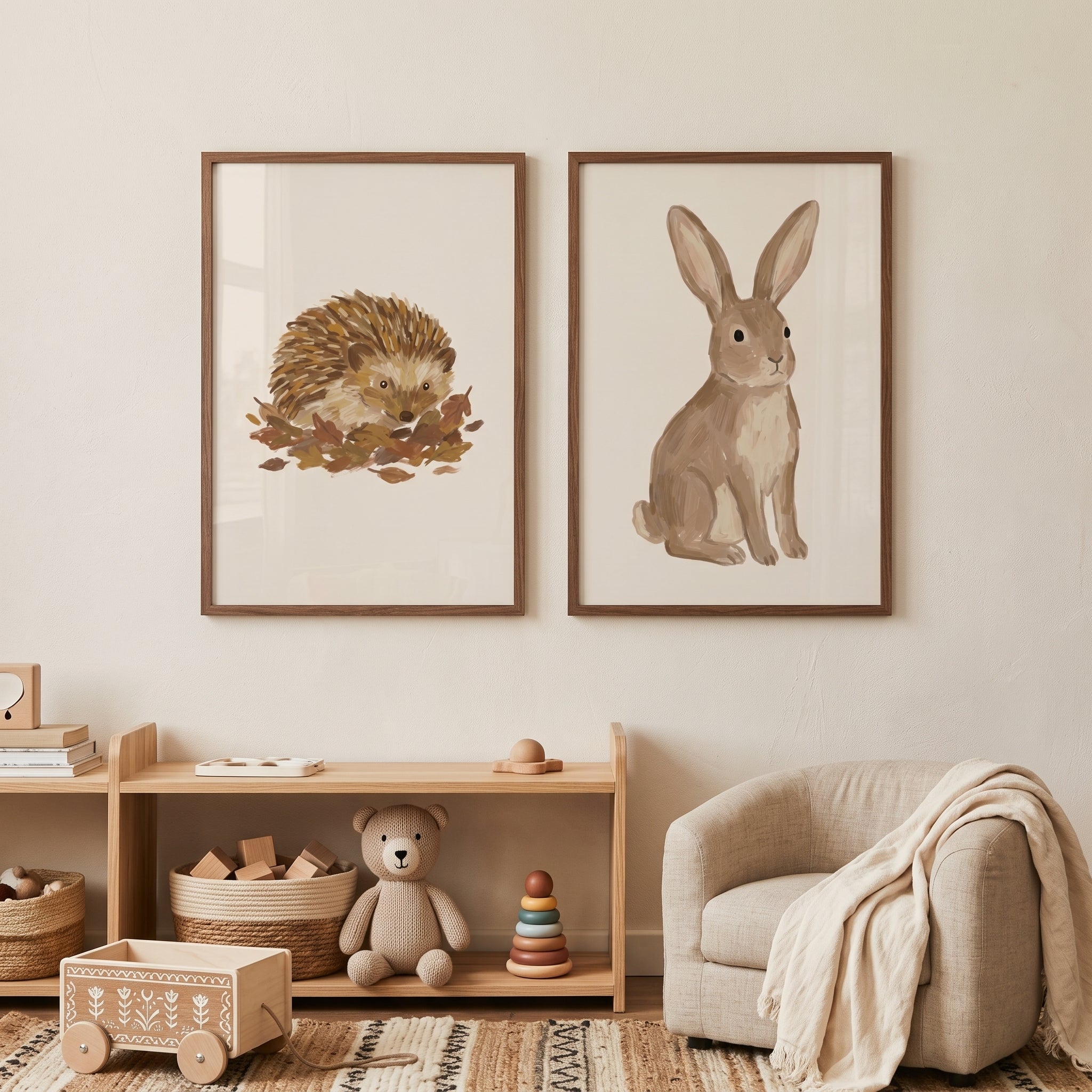 Minimalist Beige Woodland Animals Wall Art Set of 2 - Forest Friend Set