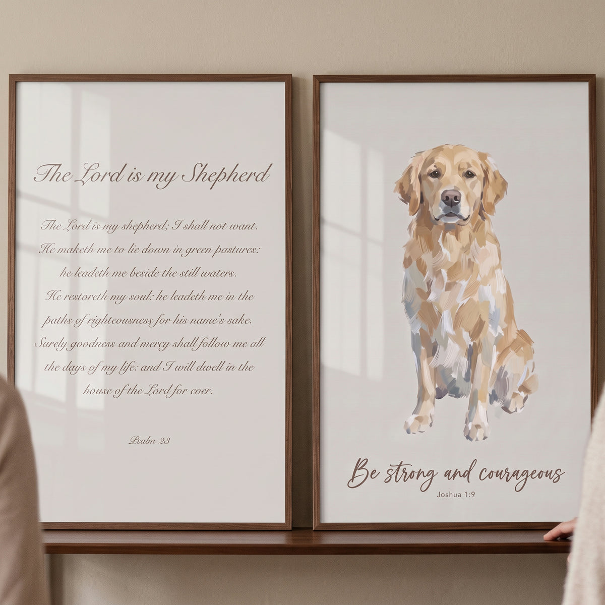 Minimalist bible golden retriever wall art set of 2 featuring Psalm 23 and Joshua 1:9 text and a dog illustration.
