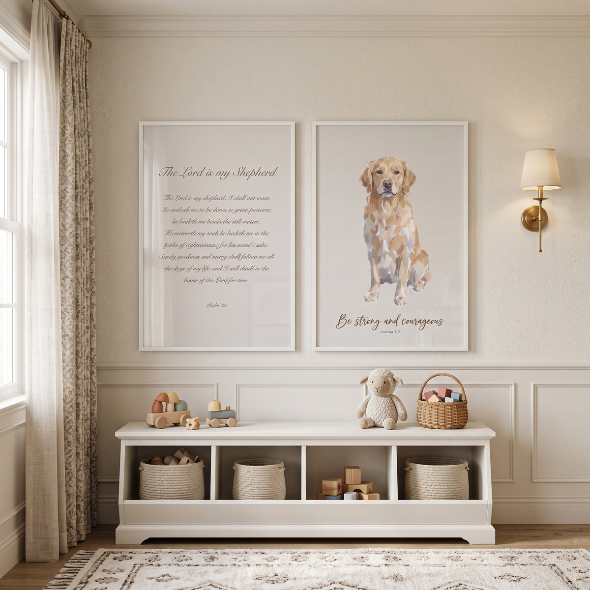 Minimalist Bible Golden Retriever Wall Art Set of 2 - Faithful Golden Scripture