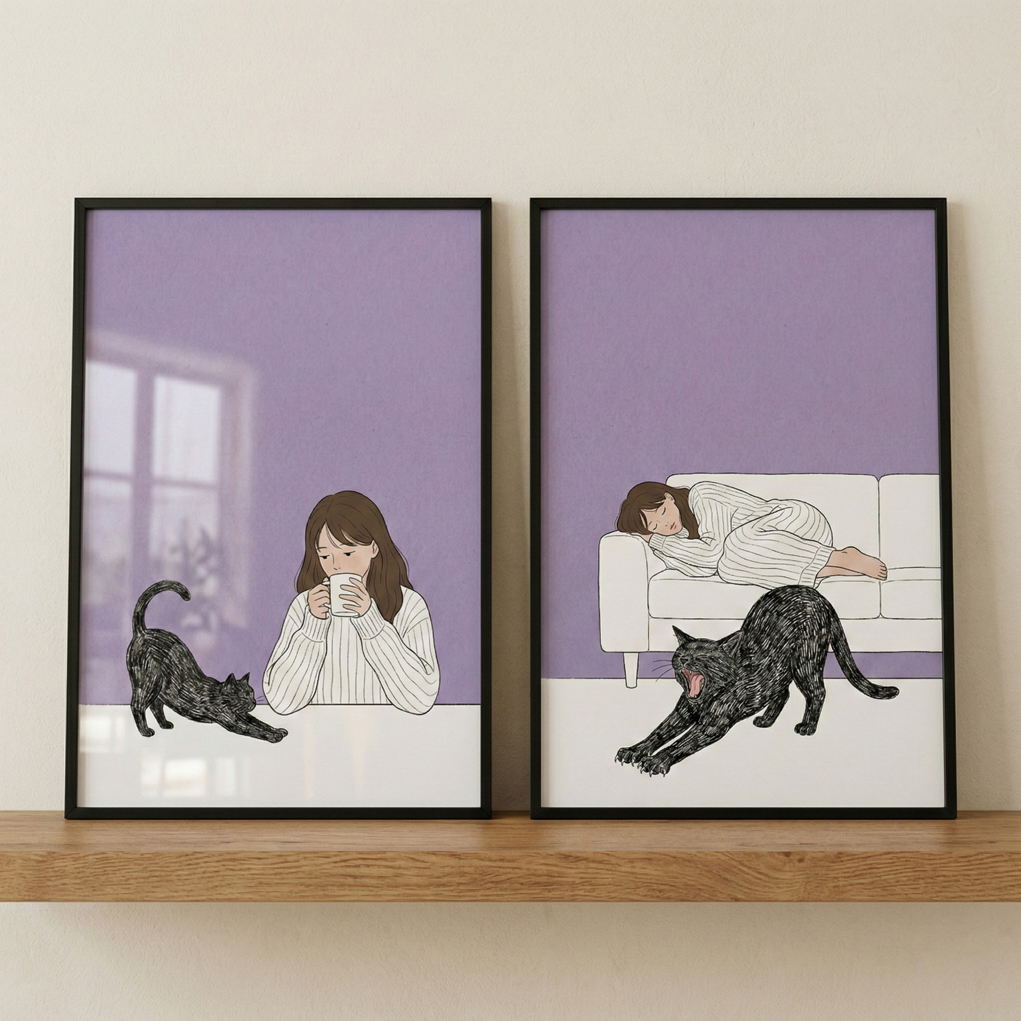 Two minimalist framed illustrations sit side-by-side on a light wood shelf. Both feature a young woman and a black cat against a lavender purple background. In the left piece, the woman wears a white ribbed sweater and holds a mug while the black cat stretches on a white table in front of her. In the right piece, the woman is asleep on a white sofa as the cat stretches and yawns in the foreground. The style is clean and illustrative with simple lines and flat blocks of color.