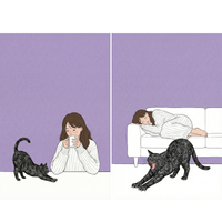 A two-panel illustration with a light purple background. In the left panel, a tired-looking woman with long brown hair wearing a white ribbed sweater sits at a table, holding a mug. A black cat stretches its front legs forward on the table. In the right panel, the woman is curled up asleep on a white sofa. On the floor in front of the sofa, the black cat performs a deep stretch with its back arched and mouth open in a wide yawn. The style is clean line art with a textured finish.