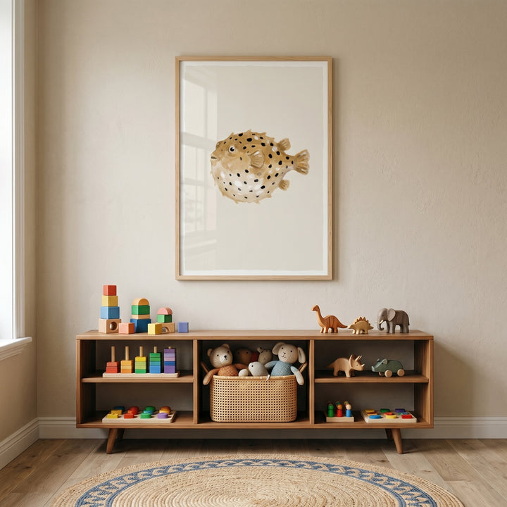 Minimalist black spotted pufferfish wall art above a wooden toy shelf with blocks, dinosaurs, and stuffed animals.