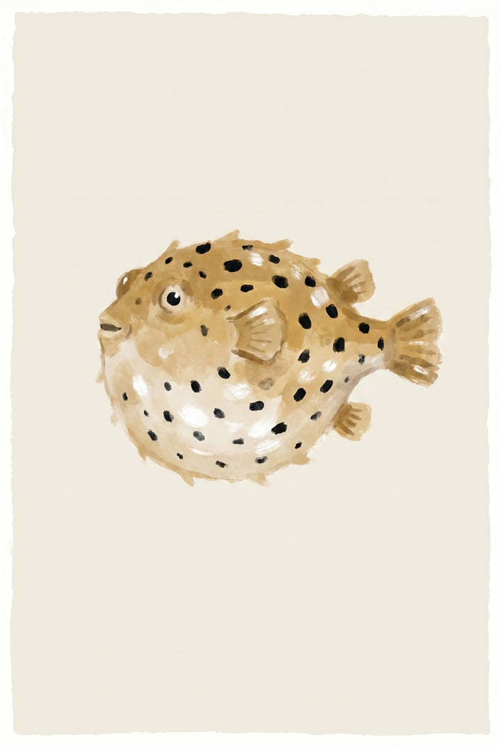 Minimalist black spotted pufferfish wall art featuring a tan fish with dark spots on a neutral cream background.