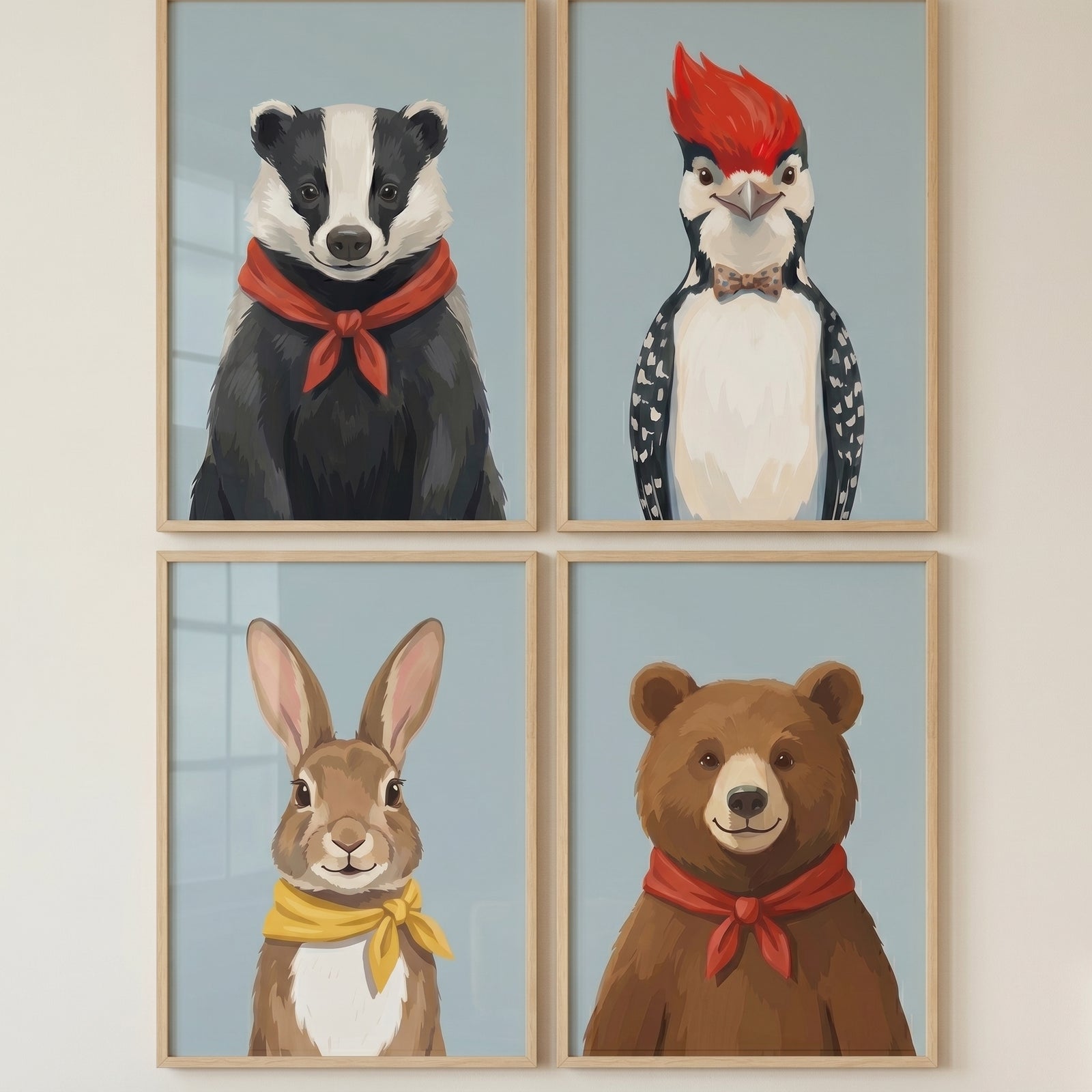 Minimalist blue forest animal artwork set of 4 featuring a badger, woodpecker, rabbit, and bear in scarves and a bowtie.